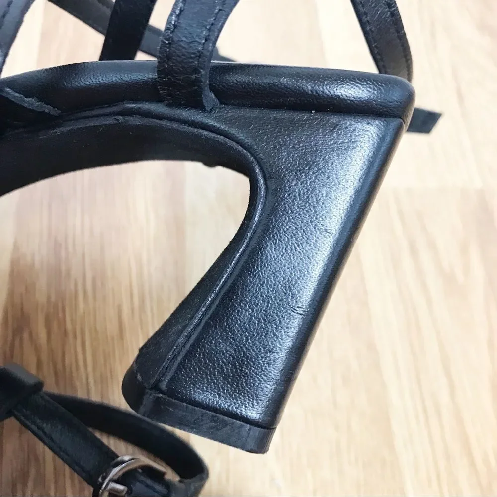New SEYCHELLES‎ Braided Black Leather Chunky Heel Sandal Strappy Woven Size 6